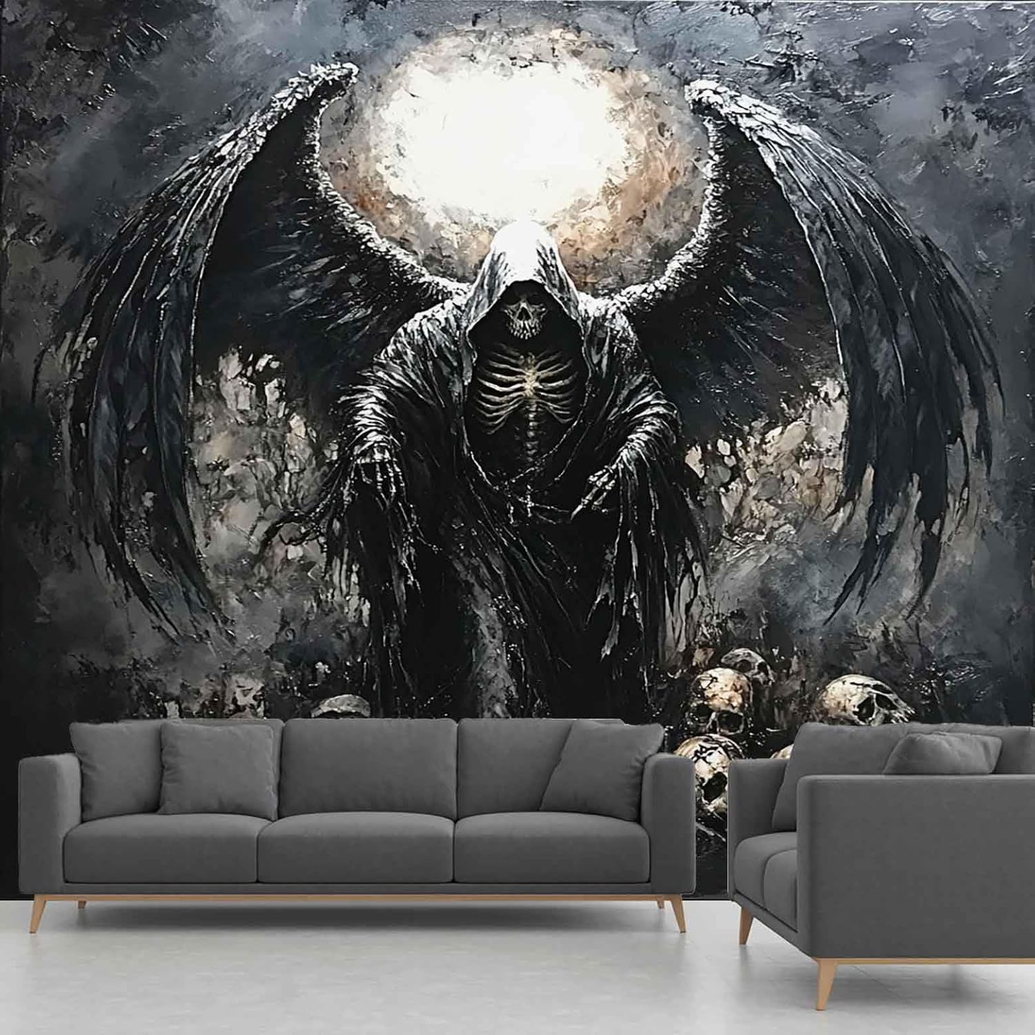 Papier Peint Squelette, Papier Peint Autocollant Faucheuse Tête De Mort, Papier Peint Panoramique Adhésif Intissé pour Salon Chambre Bureau 360x250 cm 360 x 250 cm