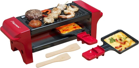 Appareil a raclette, Mini Grill pour 1 à 2 personnes, avec 2 poêlons et 2 spatules, avec revêtement antiadhésif, 350 Watts, couleur: Rouge/Noir Rosso/Nero