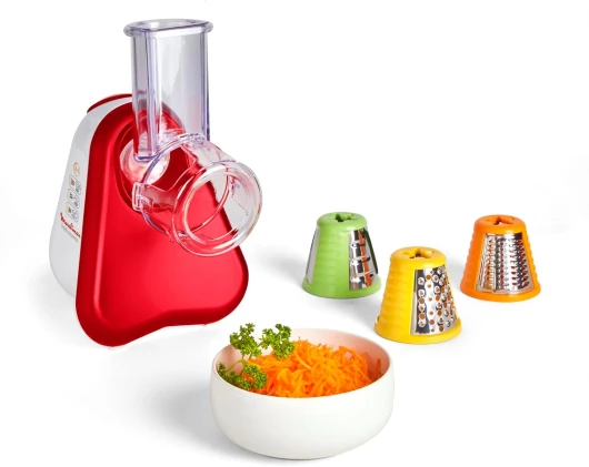 Découpe-légumes électrique, Râpe 3-en-1, Système de cônes de couleur facile, Large goulotte, Pièces amovibles compatibles lave-vaisselle, Fresh Express rouge DJ753510 Unique 3 cônes