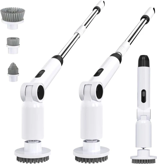 Luctry Brosse Nettoyage Electrique, Brosse Rotative Électrique sans Fil,Brosse Nettoyage Salle de Bain,Manche RéGlable avec Affichage pour Salle de Bain, Baignoire, Toilettes, Cuisine (White) Blanc