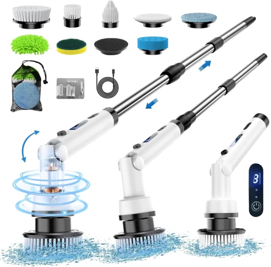 Brosse Nettoyage Electrique Rotative, Brosse de Nettoyage Electrique Brosse Nettoyage Salle de Bain avec 37-140CM Ajustable et 8 TêTes 3 Vitesse Brosse Nettoyage pour Salle De Bain,Voiture Blanc