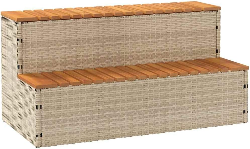 Marche Bain remous Beige 100x50x50,5 cm polyrotin Acacia Massif, Marche de Baignoire Spa, échelle à 2 marches, escabeau, Marche de Spa 100 x 50 x 50.5 cm Beige