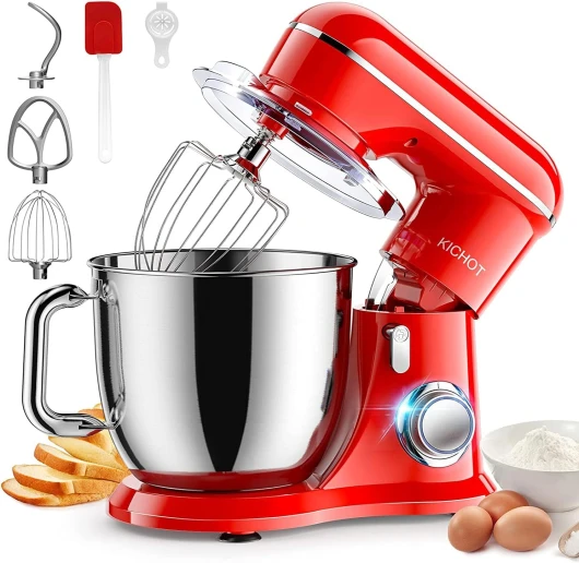 4.5L Robot Pâtissier, 1300W 10Vitesses Robot de Cuisine Multifonction, Robot Mixeur Pâtisserie, Bol d'Acier Inoxydable, Fouet Batteur, Crochet Rouge