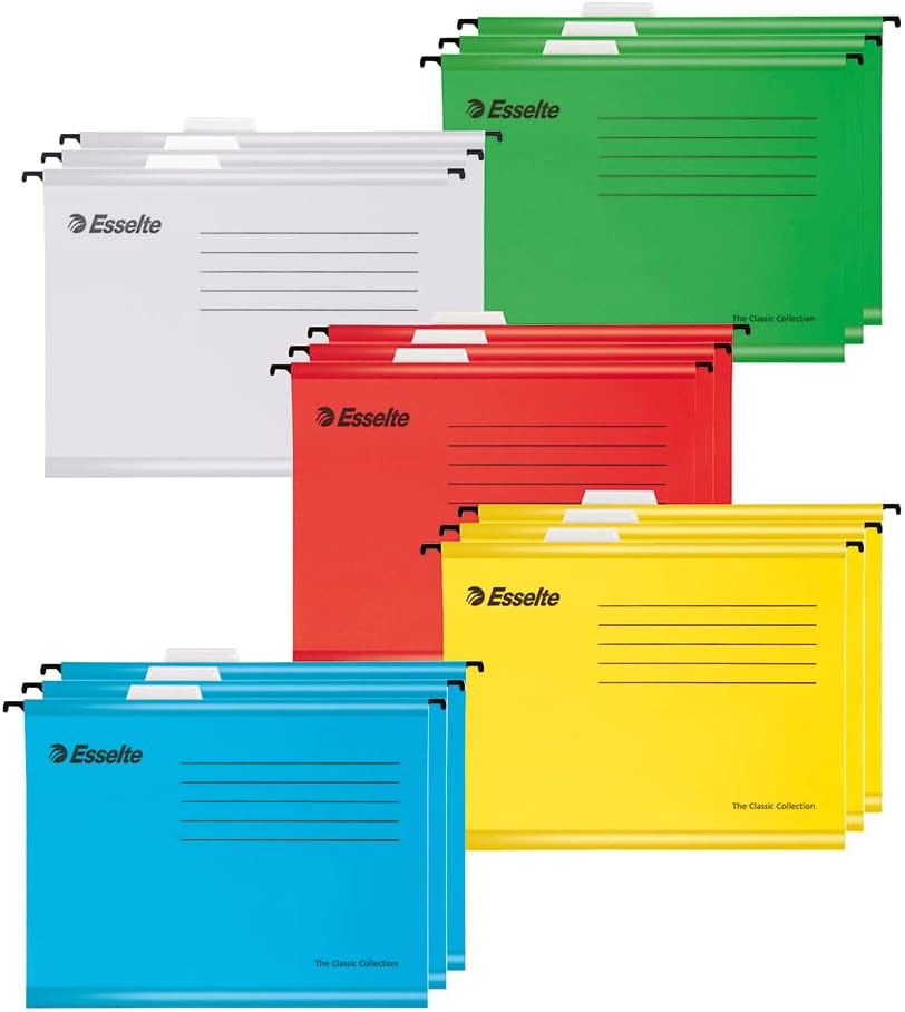 Dossiers Suspendus A4 Renforcés pour Classeur / Meuble de Classement, Lot de 15 Dossiers Suspendus avec Onglets & Étiquettes, 100% Carton Recyclé, Coloris Assortis (628808) Boite de 15 Assortis
