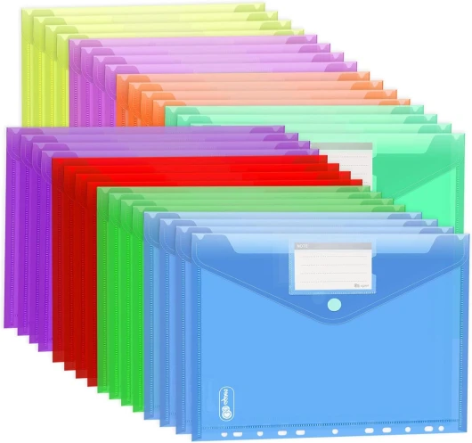 Lot de 32 Pochette Perforée A4+ Porte-Document,Tailles Plus Larges, 8 Couleurs Transparent Pochette Plastique A4 Avec 11 bords perforés,Crochet et Boucle Fermeture,et pochette pour étiquette