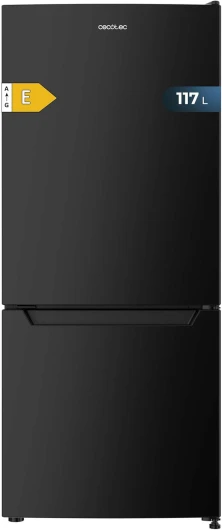 Réfrigérateur noir à deux portes Bolero CoolMarket Combi 117 DF Black E, 114 cm de hauteur et 47 cm de largeur, 117 litres de capacité, Defrost, classe énergétique E et mode Fast Freezing, Black 117L