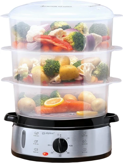 Cuiseur Vapeur - 230V/800W - Cuiseur à vapeur 3 couches - Sans BPA - Lavable au lave-vaisselle - 0 à 60 minutes - Capacité de 9 litres - Gris