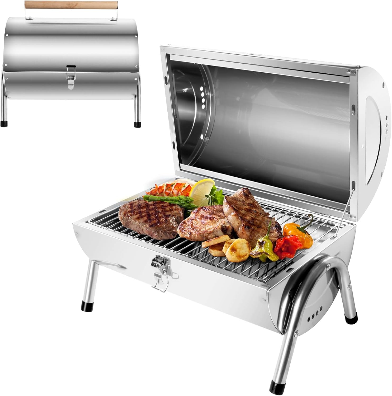 SunJas Barbecue Portable 2 en 1 Barbecue à Charbon Inox BBQ Grill Mini Barbecue de Table Transportable pour Jardin Balcon Voyage Camping - Argent