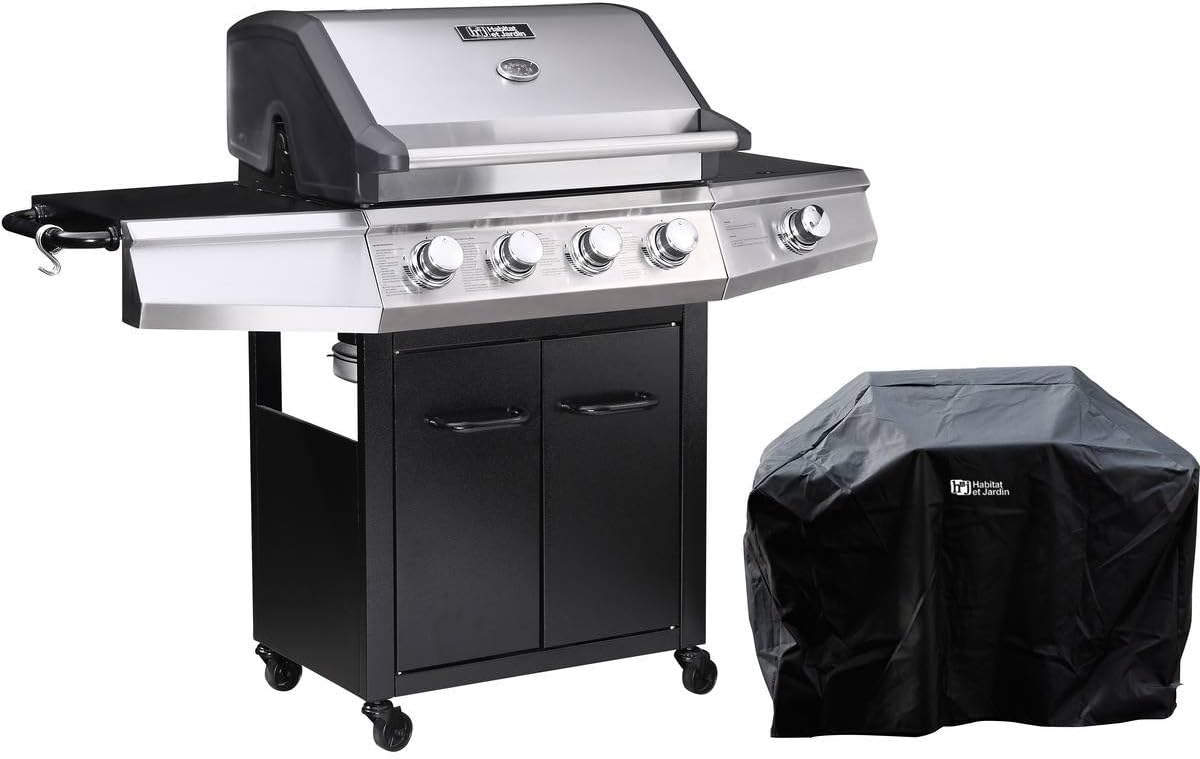 Gasgrill mit LED Bingo 4" - 4 Brenner, Davon 1 seitlich - 14 KW + Schutzhülle - Silberfarben (Noir, Bingo 5 Classique) Noir Bingo 5 Classique