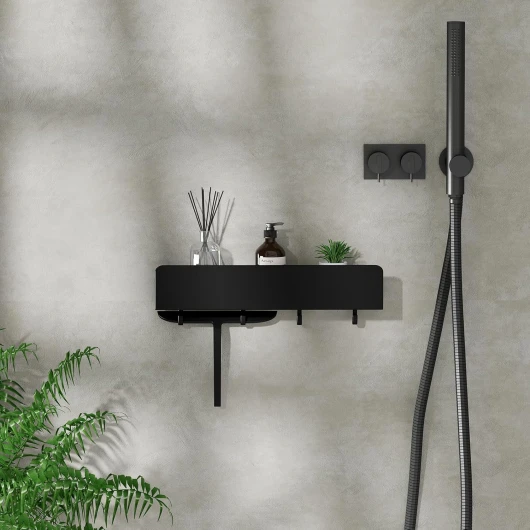 REKITA Étagère Douche sans Perçage 30 cm, Organisateur Salle de Bain en Acier Inoxydable avec 4 Crochets Amovibles, Support pour Shampoing, Étagère Murale, Noir Noir-30cm