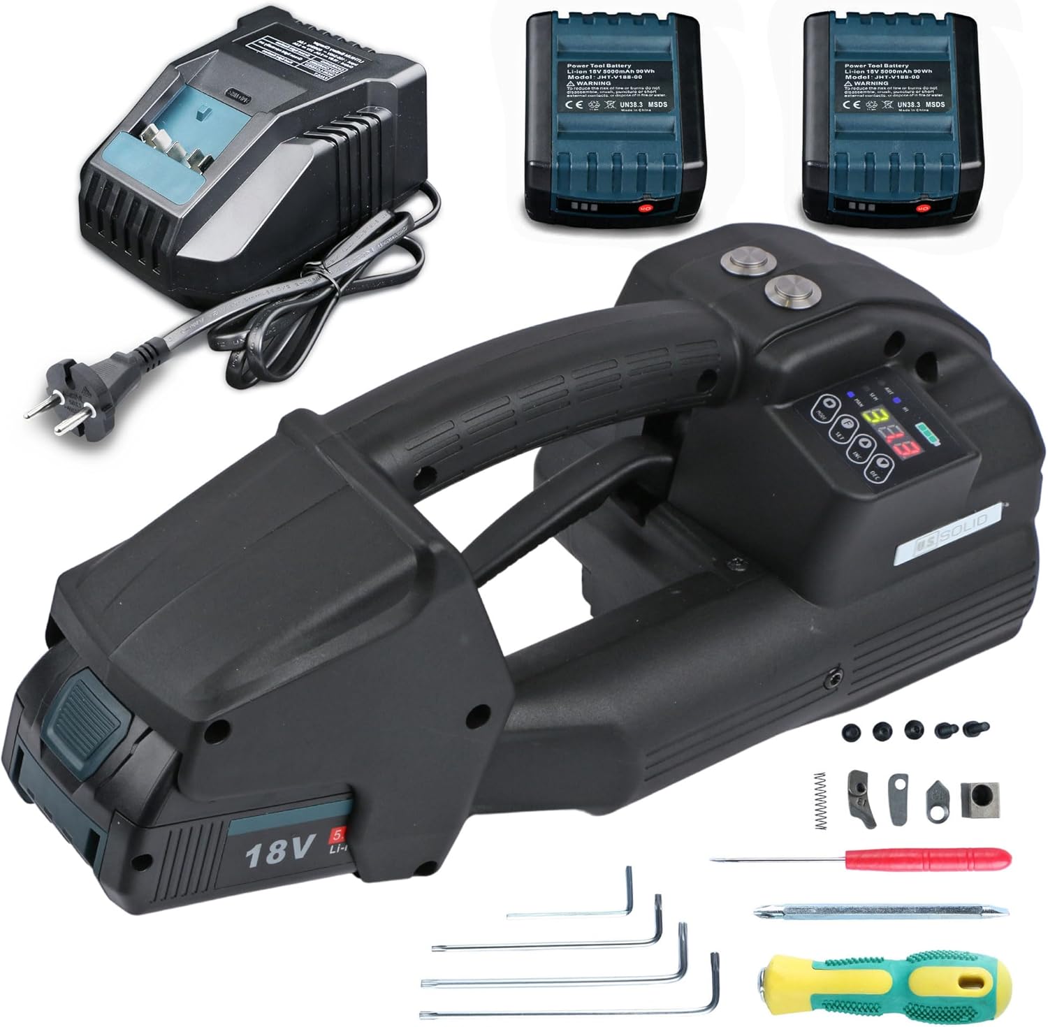 U.S - SOLID Machine de cerclage électrique avec 2 x 5000mAh batterie et écran LCD pour bandes PP PET de 12-16 mm, machine automatique de cerclage pour palettes en carton