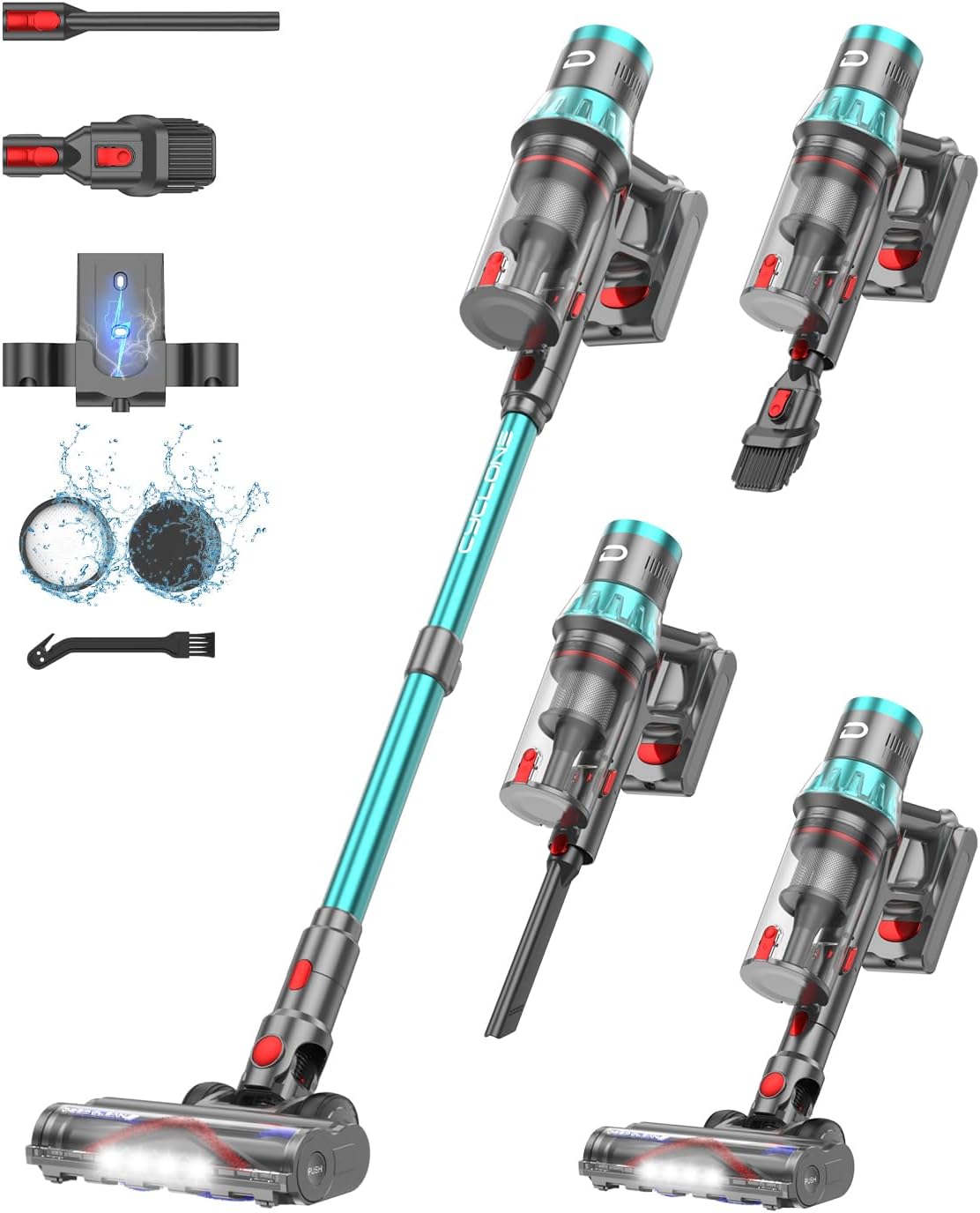 YU7 Aspirateur Balai sans Fil 580W/47Kpa/70Min, Aspirateur sans Fil Puissant avec Écran Tactile LED et Support de Charge Murale, Brosse Anti-Emmêlement pour Tapis, Sols Durs et Poils d'animaux