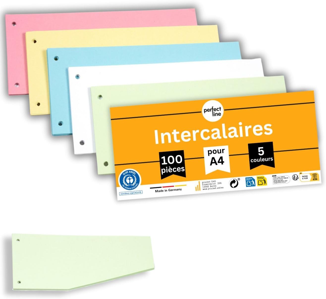 Perfect line 100 Intercalaires classeur A4, Forme trapézoïdale, bandes de séparation en carton recyclé, Fabriqué en Allemagne, separateur classeur en 5 couleurs, perforés