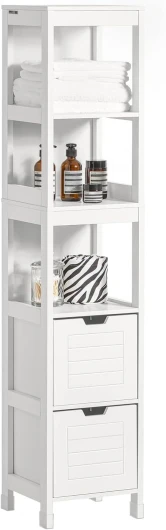 Meuble Colonne Salle de Bain Meuble de Rangement avec 4 Étagères et 2 Tiroirs Modulables Petit Salle de Bain Bois Blanc, Anti-Bascule, Gain de Place pour WC et Toilette 30x30x140 FRG126-W