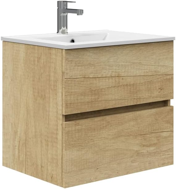 Meuble de Salle de Bains - Meuble avec Deux tiroirs, Suspendu au Mur avec Plan Vasque en céramique - en mélamine 16 mm - Finition Nature - Meuble ASSEMBLÉ Deux Tiroirs Nature