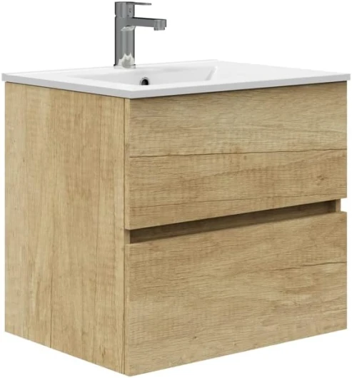 Meuble de Salle de Bains - Meuble avec Deux tiroirs, Suspendu au Mur avec Plan Vasque en céramique - en mélamine 16 mm - Finition Nature - Meuble ASSEMBLÉ Deux Tiroirs Nature