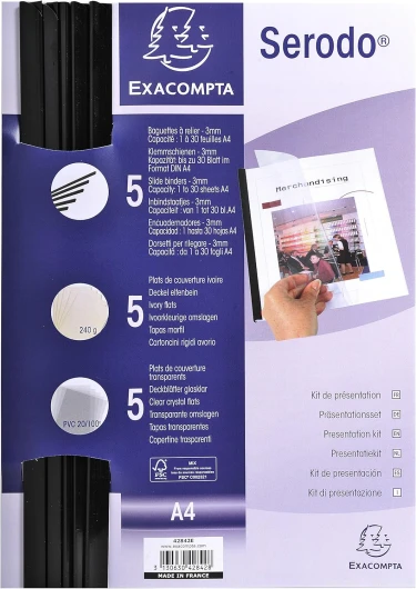 Réf - 42842E - Kit de présentation Serodo - 5 baguettes noires à relier 3 mm - 5 plats ivoire A4 grain cuir - 5 plats cristal A4 PVC 20/100 ème- permet jusqu'à 30 feuilles 80g 30 feuilles de papier 80g Unique