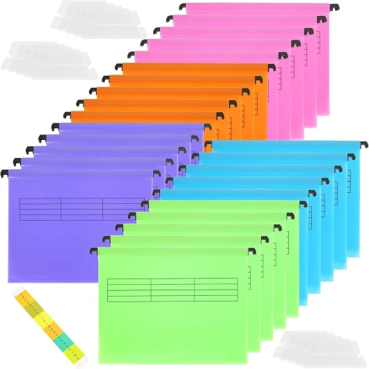 25pcs Dossiers Suspendus A4, Dossier Suspendus Plastique a4 avec Onglets pour Bureau, école, Maison, Travail (5 Couleurs)