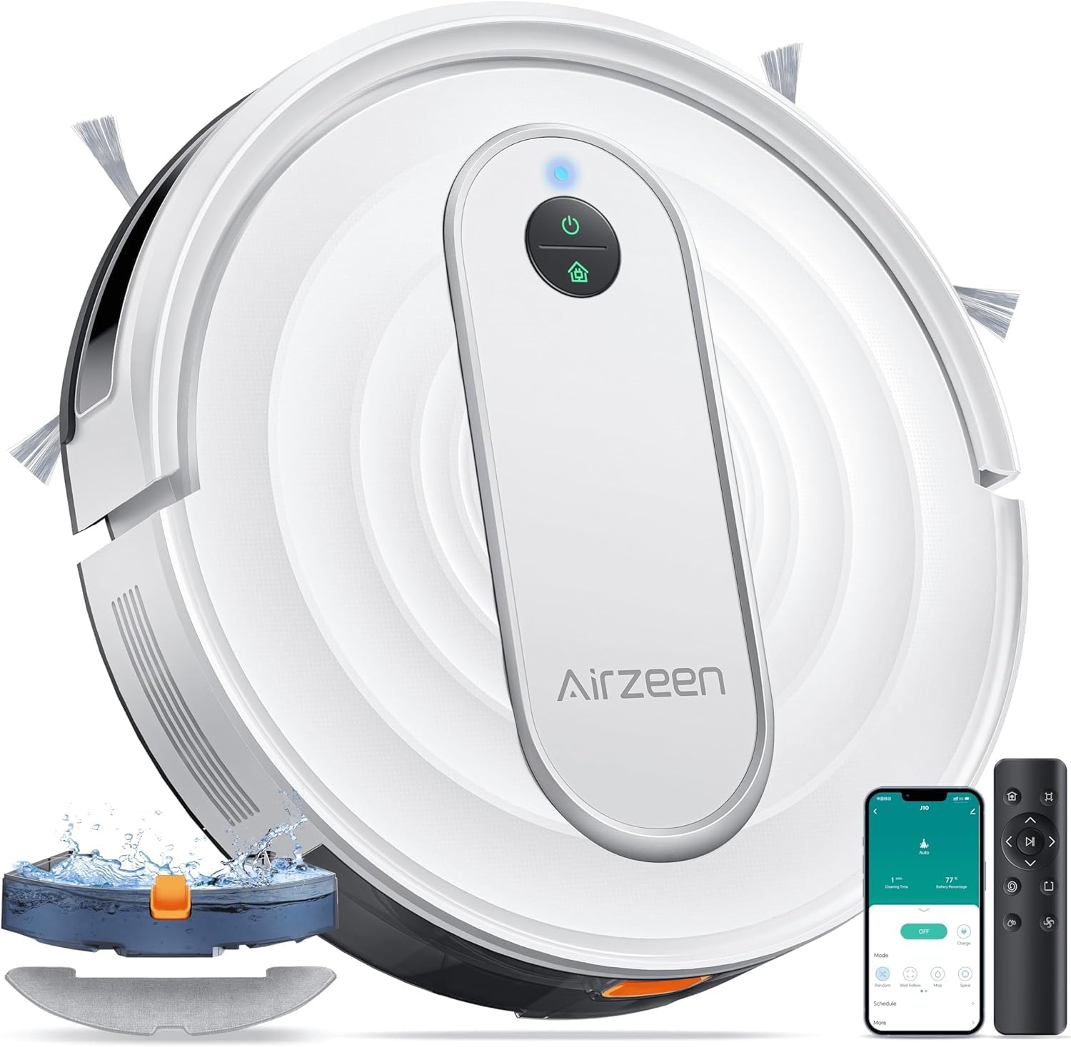 Airzeen Aspirateur Robot,4000PA Robot Aspirateur Laveur avec Nettoyage,Télécommande/Contrôle APP,Ultra Fin et Silencieux, Recharge Automatique,Adapté aux Poils d'animaux et aux Tapis Blanc