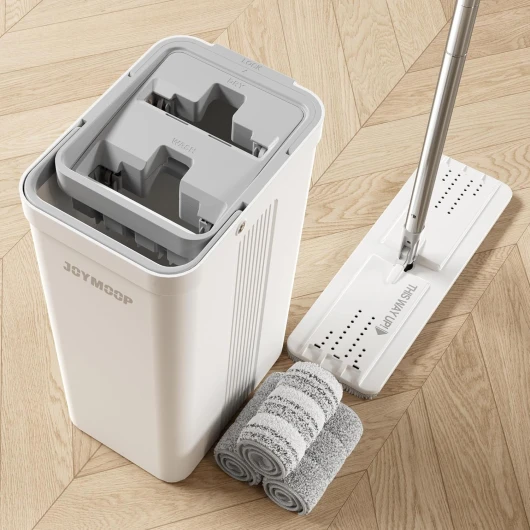 Serpillère Plate et Seau avec essoreur, avec 3 lingettes en Microfibre, Utilisation Humide et sèche, pour parquet, stratifié, carrelage Seau n° 2124 + Balai plat + 3 tampons