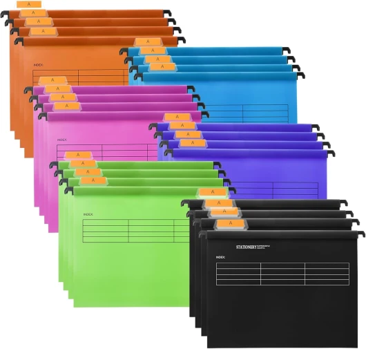 Hiziwimi 24Pcs A4 Dossiers suspendus [Pack 24],Classeur en PP avec onglets et insertions, classeur suspendu pour bureau, ¨¦cole et bureau de travail Classification des dossiers Classeur 5 Couleurs+Noir A4-24 Pcs