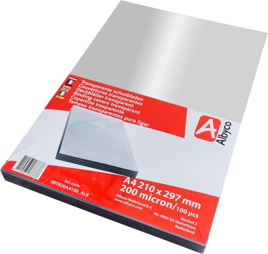 Albyco Couvertures Transparents brillants, épaisseur 0,20 mm/200 micron, format A4, 210x297mm, Couverture en PVC, Couverture de reliure, Plats en PVC, Plats de couvertures