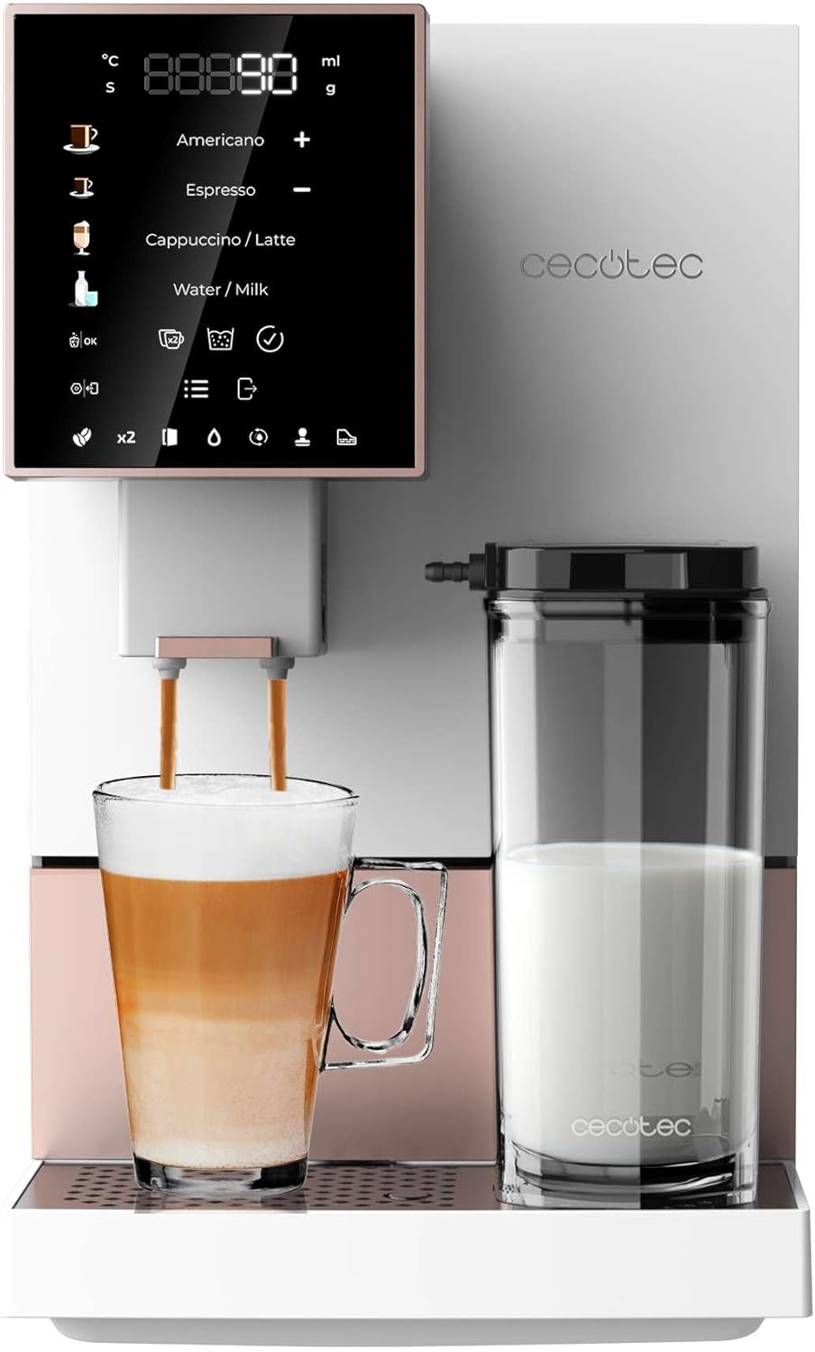 Machine a Cafe Grain Cremmaet Compactccino White Rose.19 barres,Thermoblock, Grains de café fraîchement moulus avec Plug&Play,Réservoir de café de 150gr avec moulin,1,1 L d'eau, 400ml de lait
