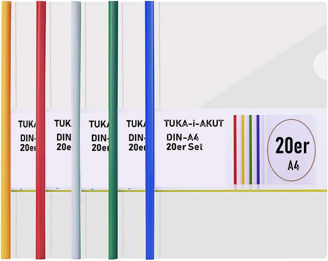 TUKA-i-AKUT 20x A4 Reliure Barre Coulissante, Transparent Chemise de Couvertures de Rapports, Rapport D'affichage Couverture Organisateur Dossier Coulissante, Lot de 20, 5 Couleurs, TKD8040-bunt-20x Lot de 20 - en 5 Couleurs A4