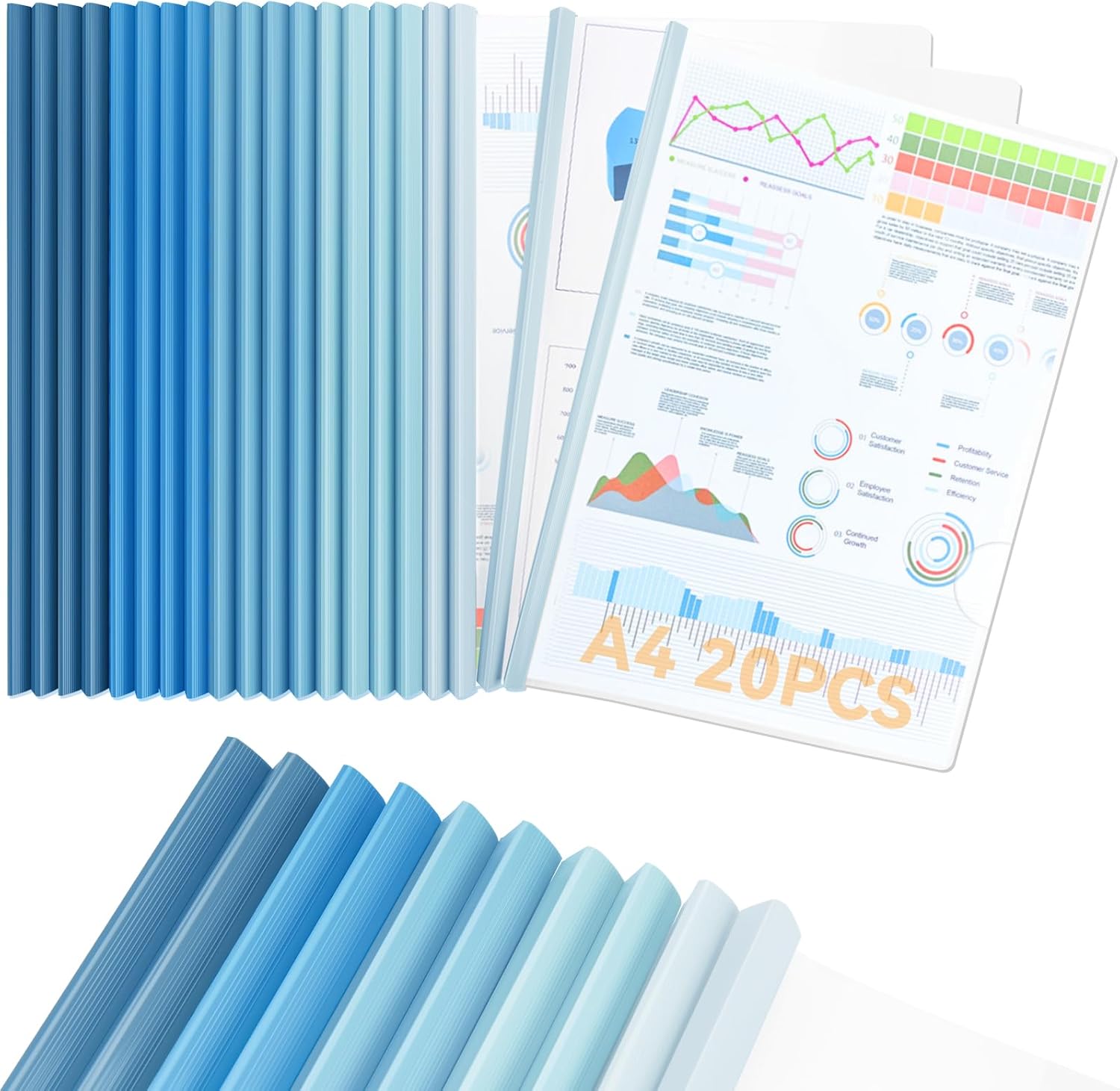 CC ODDHOME 20 Feuilles A4 Reliure Dossier, Transparent Reliure Dossier Baguette, Largeur de Dos 10 mm - Capacité 90 Feuilles, Baguette Reliure A4 pour École Bureau Accueil Resume Documents A4 Bleu