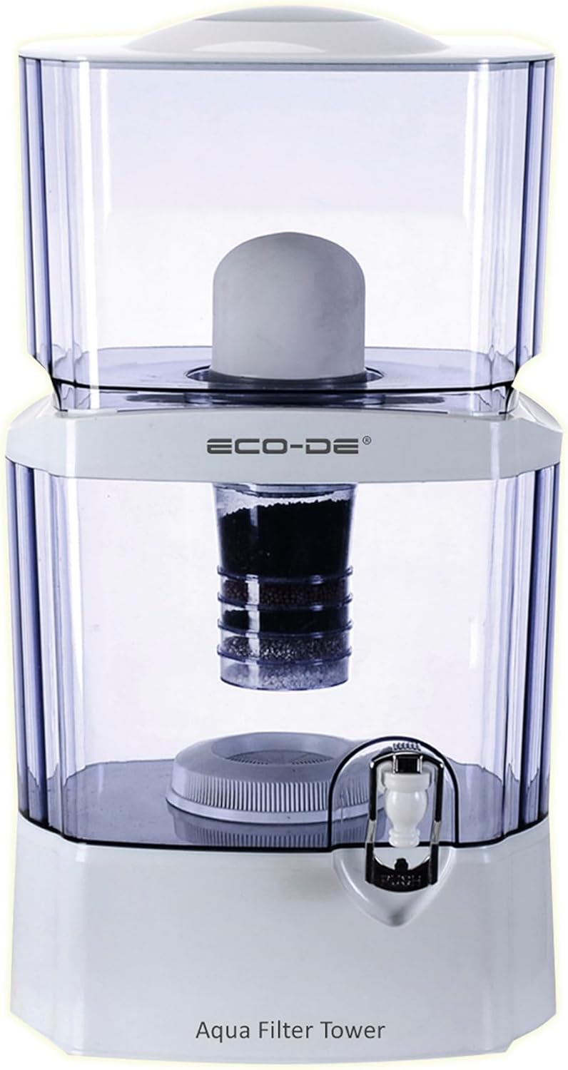 ® Distributeur d'eau filtrée, Aqua filter tower, Purificateur d'eau, 8 systèmes de filtrage, Réduit PFAS, Calcaire, Chlore, Métaux,Filtre Céramique, Carbone,Pierres Naturelles, 24 litres totales