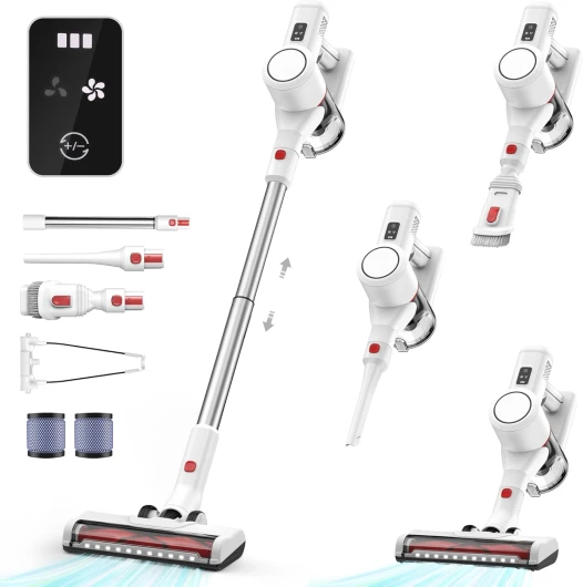 Syntecno Aspirateur Balai sans Fil Puissant - 3 en 1 Balais Électriques Poil Animaux Cordless Stick Vacuum Cleaner Rechargeable Batterie Silencieux Léger pour Sols Tapis Poils d'animaux Domestique Blanc