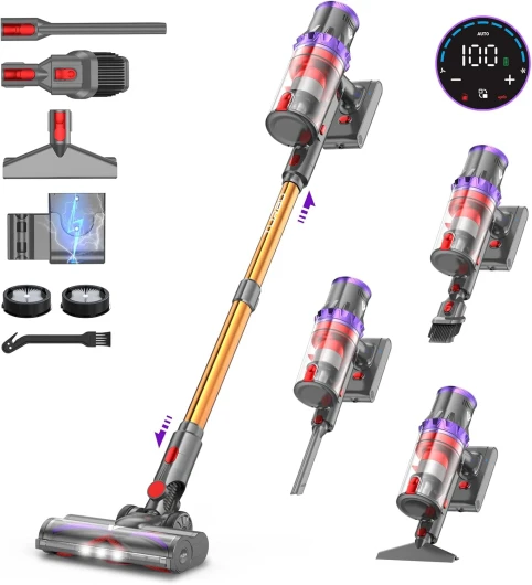 SU7 Aspirateur Balai sans Fil 580W/45Kpa/75Mins, Aspirateur sans Fil Puissant, Chargement Mural, Écrans Tactiles LED, 1,3L Capacité, pour Sols Durs/Tapis/Les Poils d'animaux