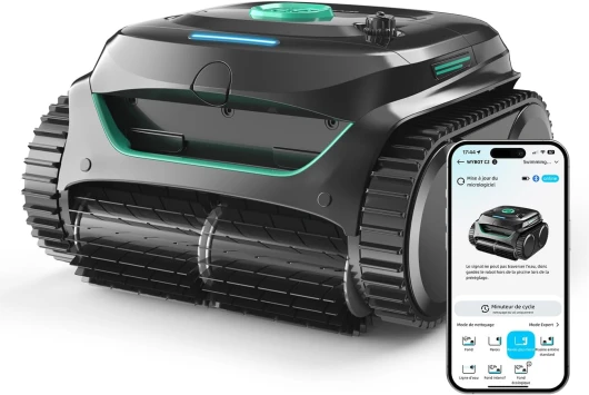 C2 Robot Piscine sans Fil pour Piscines Enterrées 150㎡, Double Filtration, 3 Moteurs, Aspiration Puissante, Nettoyage Parois & Ligne d'eau, 180 Min, App(Noir-Vert B)
