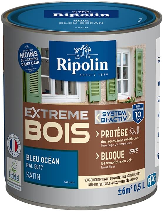 Peinture pour Bois Intérieur/Extérieur - Sans Sous-couche Ultra-couvrant - Résiste aux Intempéries, UV et Chocs - Protège et Magnifie - Lessivable - Satin - 0,5L - Bleu Ocean 500 ml (Lot de 1) Bleu Océan Ral 5017