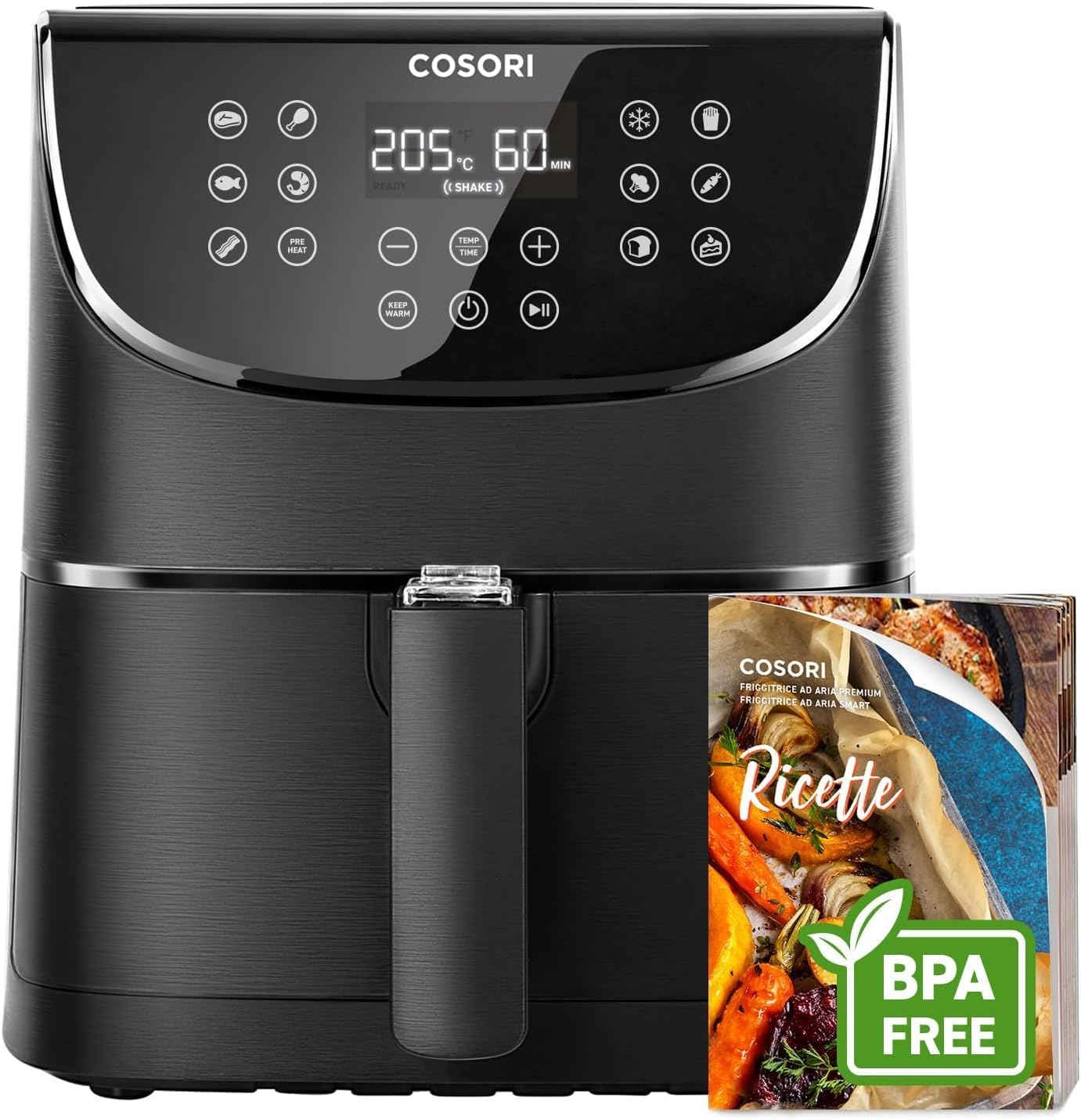 Air Fryer 5.5L,Friteuse sans huile 1700W,Réduire l'Énergie de 55%,Friteuse à Air avec13 Fonctions 205 ℃ Max et 60 Min,Viande croustillante et tendre,Cuire,Rôtir et Griller,100 Recettes