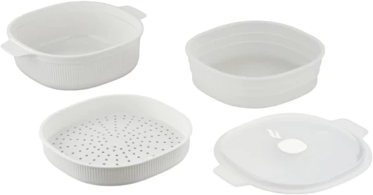 CARE+PROTECT Cuiseur Vapeur pour Micro-Ondes - Récipient Idéal et sain pour la Cuisson à la Vapeur - Servir et Conserver - Sans BPA - 4 L avec 2 Plateaux