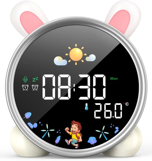 Reveil Enfant Réveil Educatif Jour Nuit 5 Couleurs Reveil Digital Lumineux LED Lampe de Chevet Tactile Enfant avec Musique,Double Alarme,Température,Fonction Snooze (Lapin) Rose