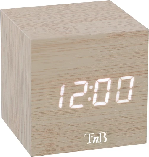 T’NB - Réveil Numérique Moderne en Bois, Réveil LED Multifonction, Horloge Digitale avec Affichage De L’Heure, Eclairage Ajustable, 3 Alarmes Programmables - Finition Bois Réveil cube