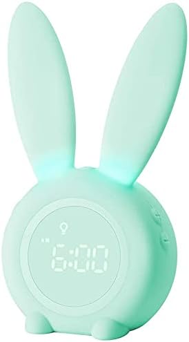 Réveil Matin à Induction en Forme de Lapin Mignon, Intelligent Réglage Automatique de la Lumière de Respiration, Affichage Automatique Temps/Date/Température, Contrôle Vocal ou Tremblement Vert