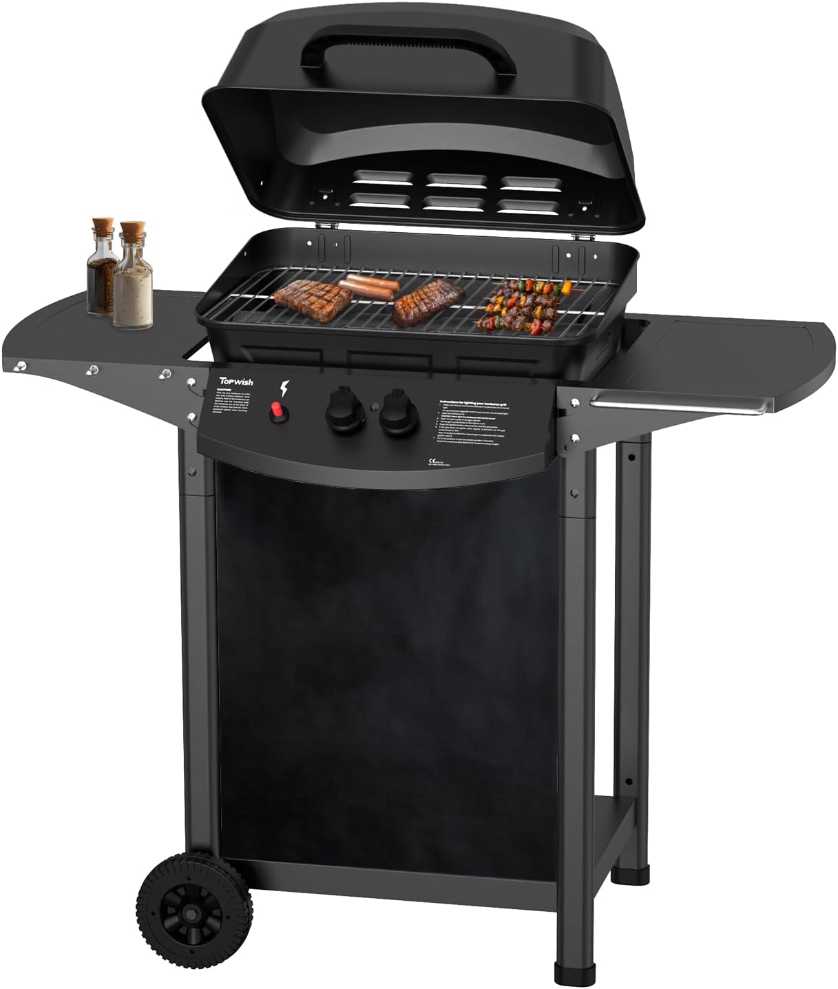 Topwish barbecue gaz, barbecues à gaz 2 brûleurs,plancha gaz exterieur,étagère rabattable en latéral, sur roulettes,6000W,106.44 * 55.6 * 103.85cm