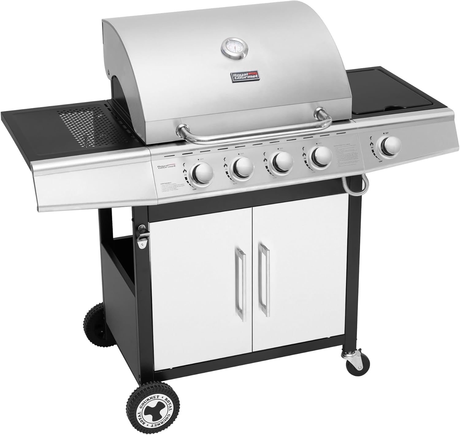 Barbecue Gaz à 4+1 Brûleurs en Acier Inoxydable, Gril à Gaz de Puissance 14,5kW avec Tablettes et Thermomètre, 2 Roues Directionnelles, 2 Portes, Adapté pour Jardin et Extérieure, Argent
