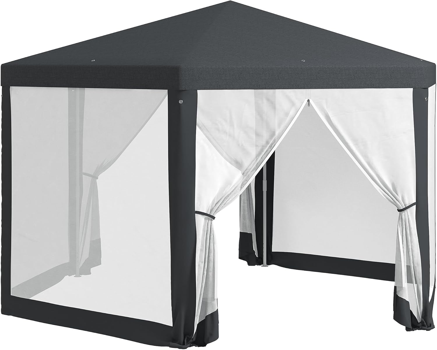 Gazebo 4 x 4 m de jardin hexagonal avec murs en maille, 2 portes et pieds réglables, tonnelle en métal et polyester avec piquets et câbles, gris