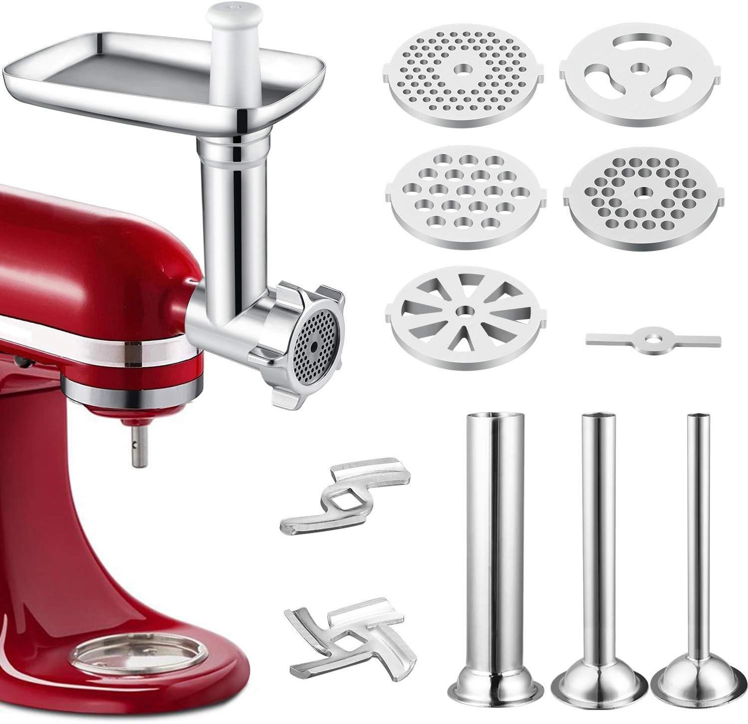Hachoir à Viande de kitchenaid accessoires, Hachoir en métal KitchenAid pour Robot Pâtissier, avec 5 Plaques de Broyage et 3 Tubes à Farcir pour de Hachoir Kitchenaid Artisan a Viande Aluminium + Acier Inoxydable