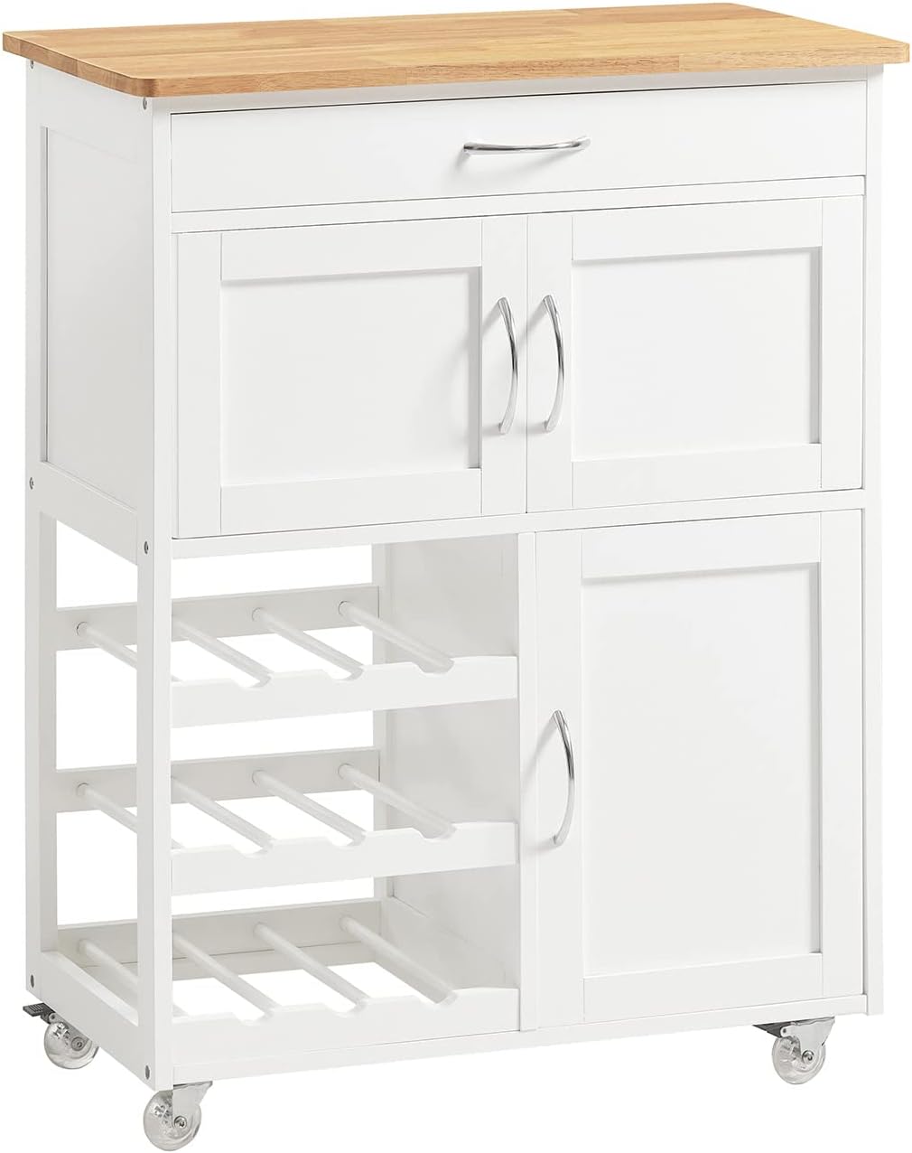Meuble Cuisine à roulettes avec Plan de Travail Desserte Cuisine avec tiroirs, Range-Bouteilles îlot Central Compact pour Cuisine, Salle à Manger et extérieur Blanc 67x86x38cm FKW45-WN Français