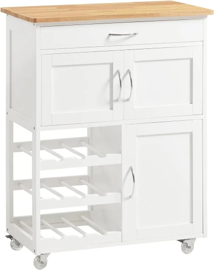 Meuble Cuisine à roulettes avec Plan de Travail Desserte Cuisine avec tiroirs, Range-Bouteilles îlot Central Compact pour Cuisine, Salle à Manger et extérieur Blanc 67x86x38cm FKW45-WN Français