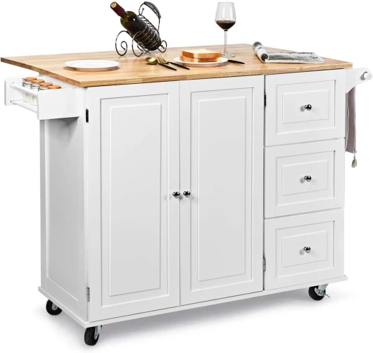 Desserte de Cuisine sur roulettes, Îlot Central Cuisine Plateau en Bois d'Hévéa Pliable, Rangement 3 Tiroirs Étagères Réglables, Support à Épices & Porte-Serviette, 76 x 136 x 91 cm, Blanc