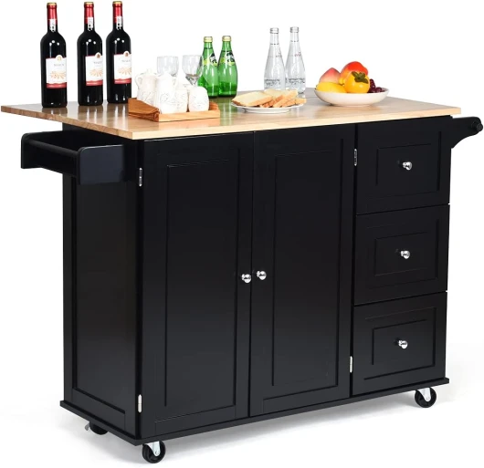 Desserte de Cuisine sur roulettes, Îlot Central Cuisine Plateau en Bois d'Hévéa Pliable, Rangement 3 Tiroirs Étagères Réglables, Support à Épices & Porte-Serviette, 76 x 136 x 91 cm, Noir