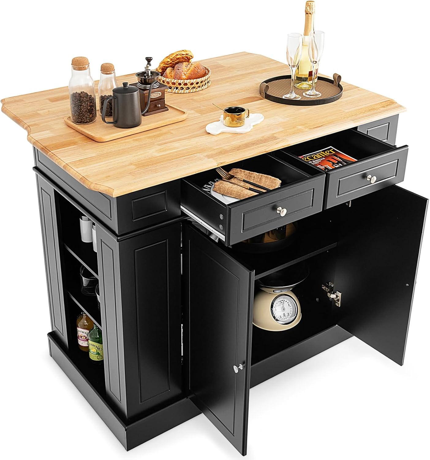 Îlot Central Mobile avec Plan de Travail en Bois Massif, Desserte de Cuisine avec 2 Tiroirs & Étagères latérales à 3 Niveaux, Desserte de Service, 120 x 61 x 92 cm (Noir)