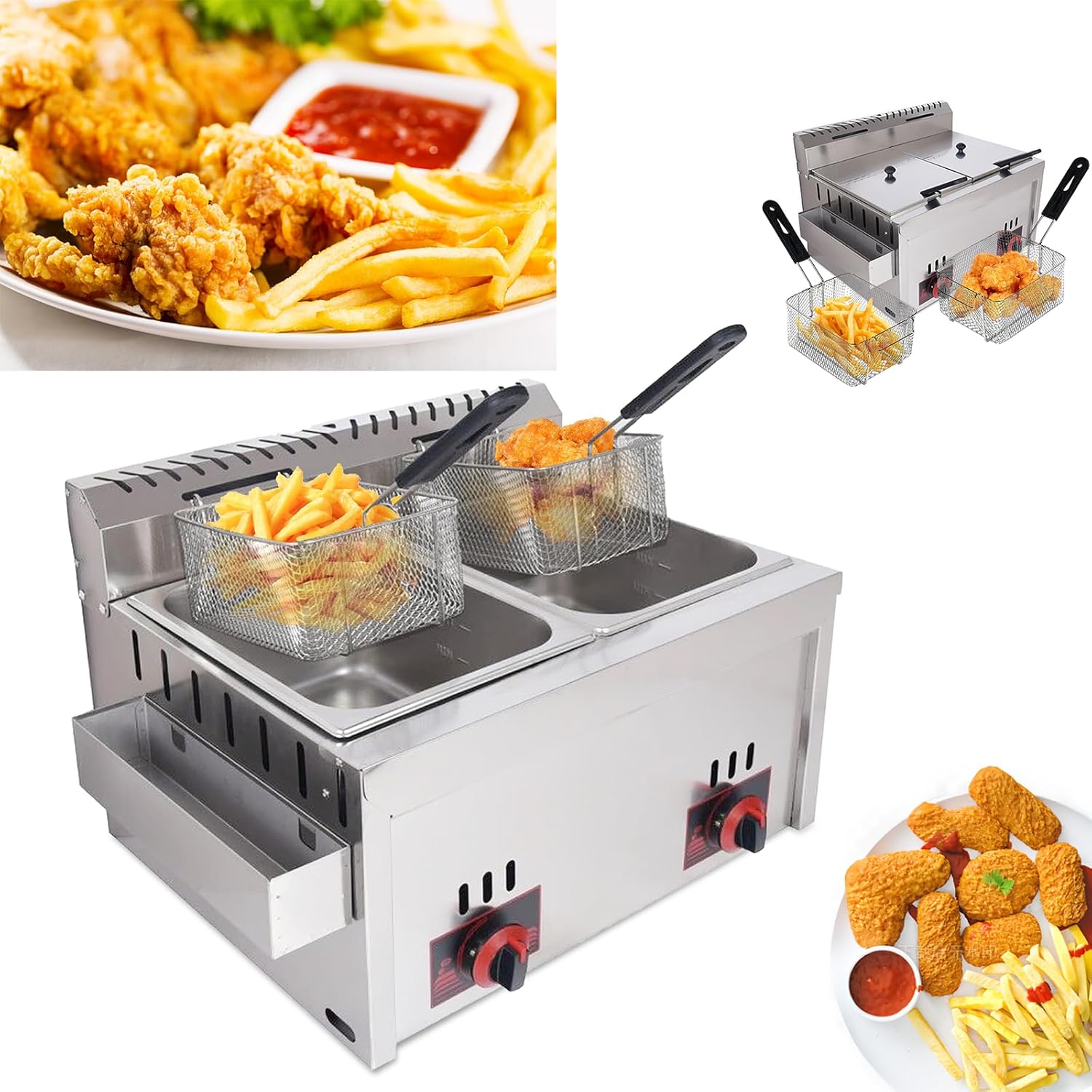 Friteuse à Gaz Commerciale Professionnelle, Friteuse LPG en Acier Inoxydable, Puissance de feu Réglable, Friteuse Double Grande Capacité 20L, avec Paniers et Couvercle, Nettoyage Facile