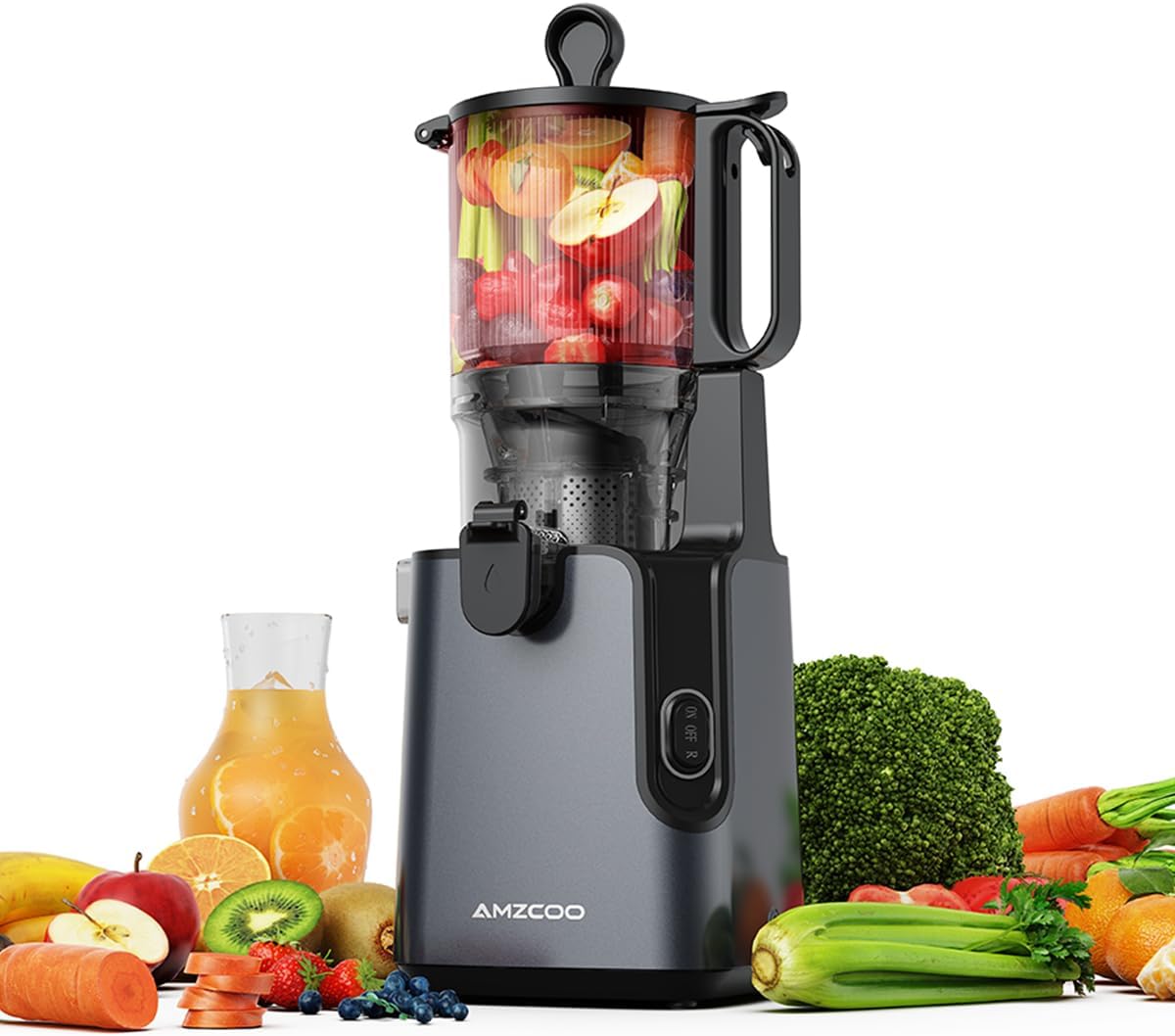 Amzcoo Slow Juicer, extracteur de jus de 130 mm et récipient à jus de 1,8 l, presse à froid pour légumes et fruits entiers, facile à installer et à nettoyer, sans BPA Noir